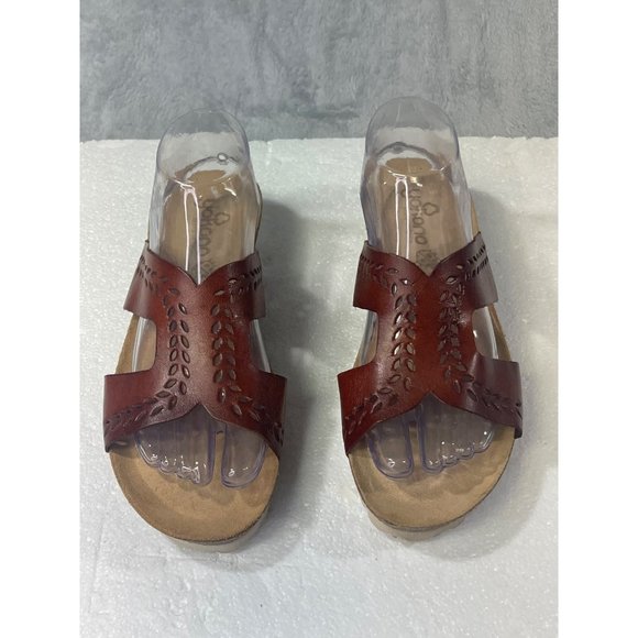 YOKONO Womens size 9.5 Redish Brown Strap Wedge Sandals Slip On Leather Cork - Picture 2 of 16